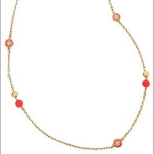 Tory Burch Lacquered Logo Pearl Necklace in Coral